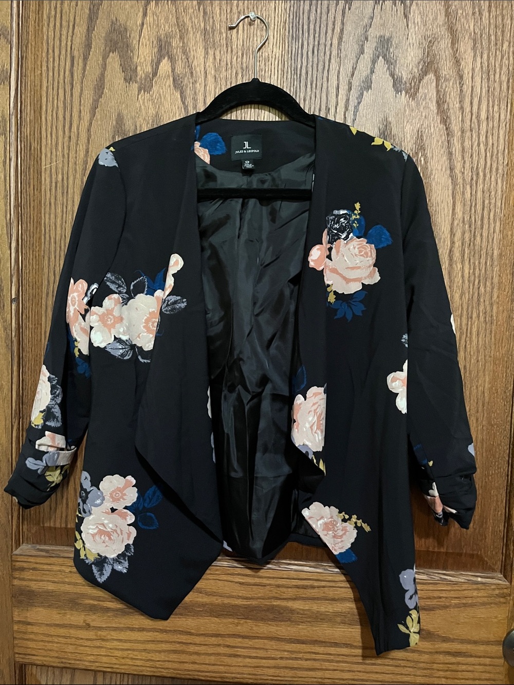 Jules & Leopold Black Floral Open Draped Blazer